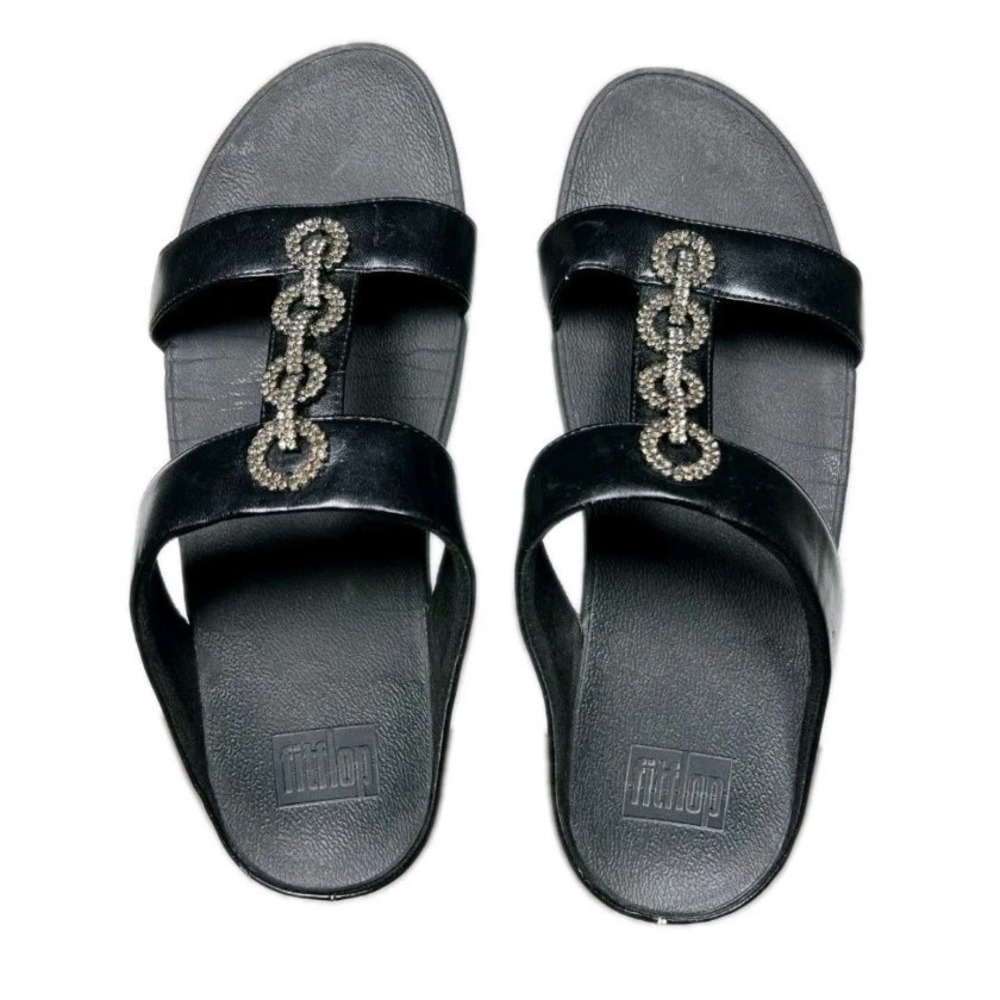 FitFlop Sandals US 10 EU 42 Black Leather Double Strap Chain Comfort Travel Chic